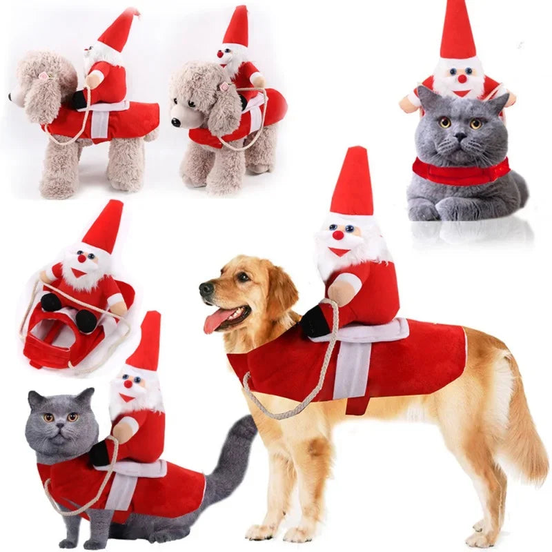 Pet Christmas Costume Riding Horse Santa Dogs Vest Coat Clothes Funny Christmas Halloween Party Dressing up Dogs Cats Outfit