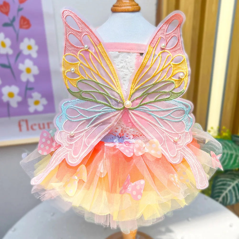 Dog Summer Butterfly Dress for Pets Luxury Clothes Puppy Bridal Gown Tulle Skirt Doggy Clothing, for Small Medium Dogs