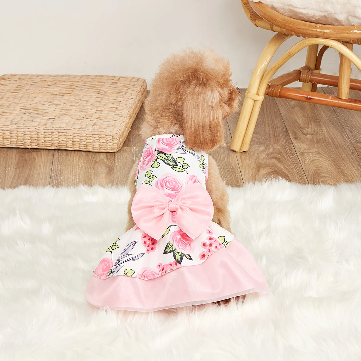 Dog Princess Dress Elegant Pet Clothes Bowknot Pink Princess Clothes Puppy Floral Tulle Pet Spring Summer Party Dresses for Smal