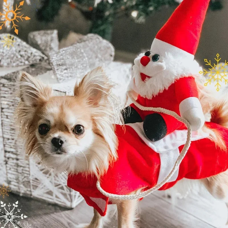 Pet Christmas Costume Riding Horse Santa Dogs Vest Coat Clothes Funny Christmas Halloween Party Dressing up Dogs Cats Outfit