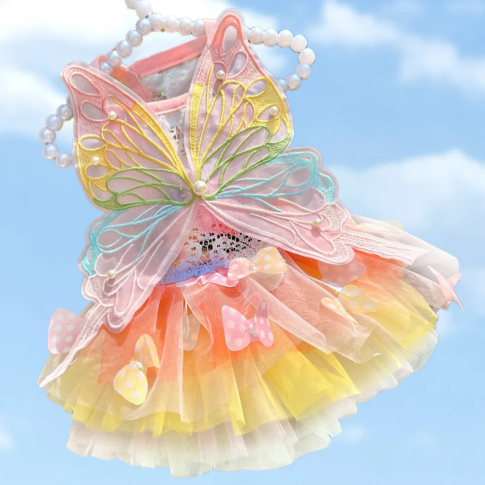 Dog Summer Butterfly Dress for Pets Luxury Clothes Puppy Bridal Gown Tulle Skirt Doggy Clothing, for Small Medium Dogs